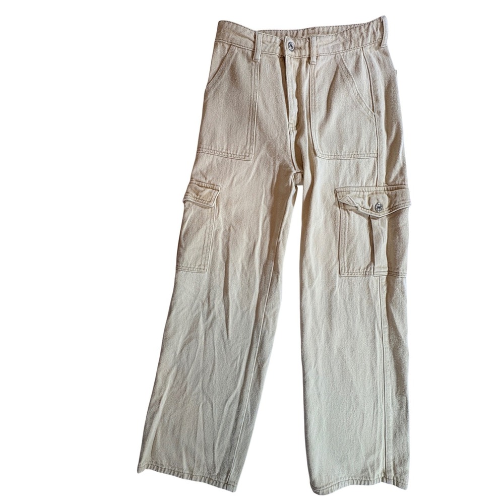Cider Cargo Pants Women Small Cream Wide Leg High Waisted Denim Utility Trousers